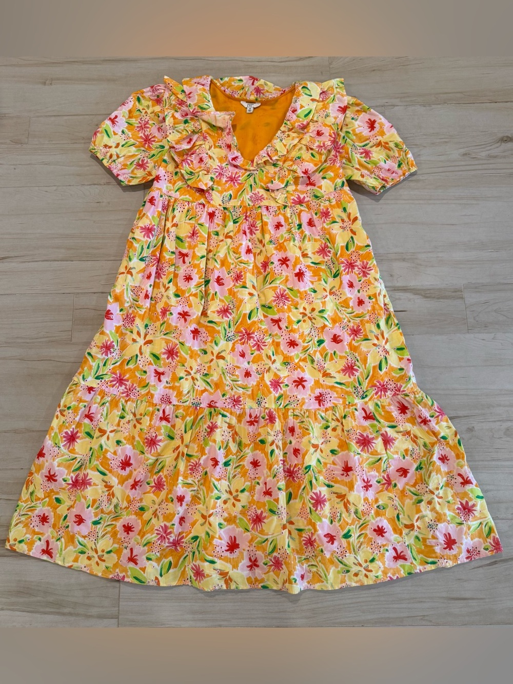 Preppy Southern Belle Floral Eyelet Midi Dress Puff Sleeve Brunch Dress Size M